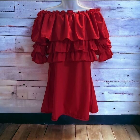 Boohoo  Red Ruffle Tiered Dress Size 6 - Picture 7 of 7